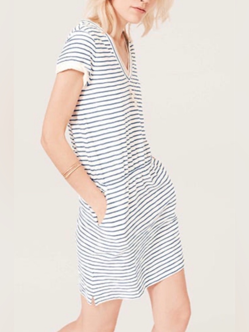 Lou & Grey White & Navy Striped V-Neck Summer Dress / Swim Cover-Up
